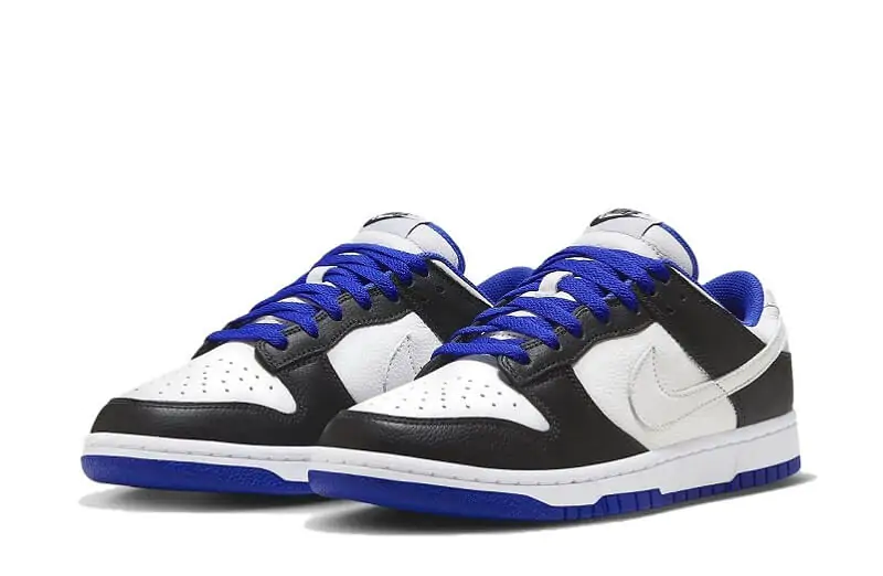 The colors of the shoe is black, blue and white.